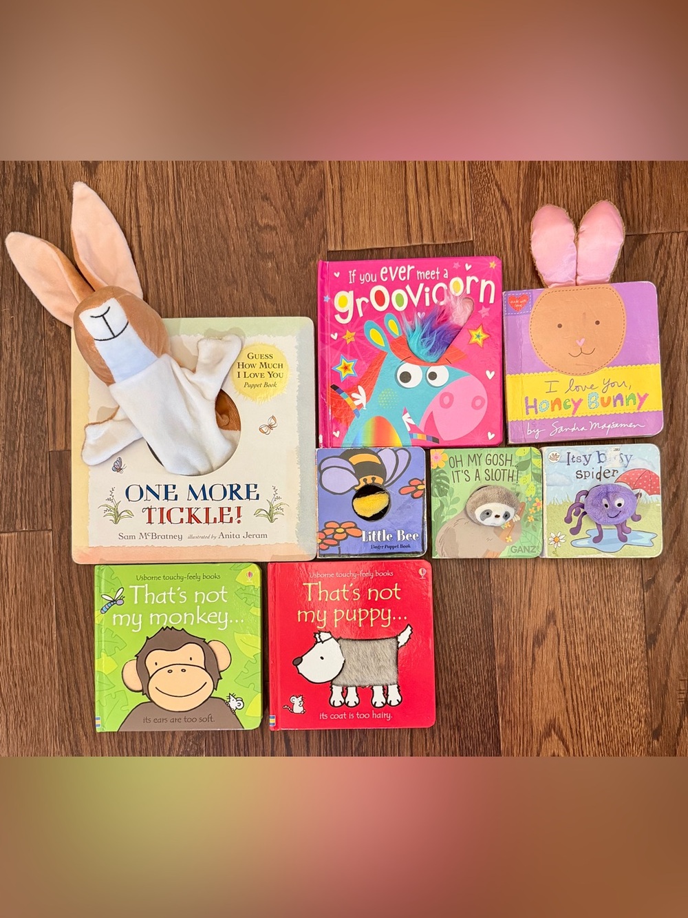 Plush Bunny Puppet Book Set with Pink Groovicorn and Multicolor Board Books